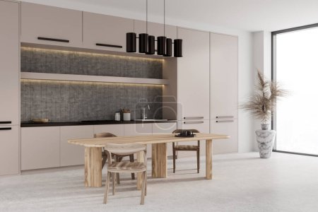 Foto de Beige kitchen interior with dining table and chairs, side view shelves with kitchenware on light concrete floor. Panoramic window. 3D rendering - Imagen libre de derechos