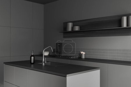 Foto de Dark kitchen interior with bar island, side view modern kitchenware with shelf. Dark cooking corner with sink and stove. 3D rendering - Imagen libre de derechos