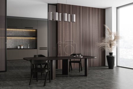 Téléchargez les photos : Dark kitchen interior with dining table and chairs, side view shelves with kitchenware. Meeting area and panoramic window on Paris city view. 3D rendering - en image libre de droit