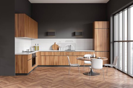 Téléchargez les photos : Front view on dark kitchen room interior with cupboard, grey wall, gas cooker, sink, dining table with armchairs, panoramic window, fridge. Concept of minimalist design. 3d rendering - en image libre de droit