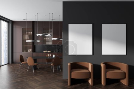 Foto de Dark kitchen interior with cooking zone with dining table, panoramic window on skyscrapers. Relaxing area and partition with two mock up canvas posters. 3D rendering - Imagen libre de derechos