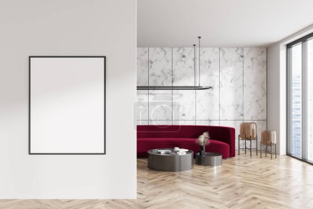 Téléchargez les photos : Front view on bright living room interior with empty white poster, sofa, panoramic window, white wall, coffee table, wooden hardwood floor. Concept of minimalist design. Mock up. 3d rendering - en image libre de droit