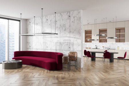 Téléchargez les photos : Corner view on bright luxury studio interior with sofa, dining table, panoramic window, armchairs, white wall, partition, wooden hardwood floor, cupboard. Concept of minimalist design. 3d rendering - en image libre de droit