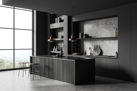 Photo for Dark kitchen interior with bar island and stool on grey concrete floor, side view. Shelf with minimalist decoration and panoramic window on countryside. 3D rendering - Royalty Free Image