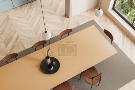 Téléchargez les photos : Top view of stylish kitchen interior with dining table and chairs, carpet on hardwood floor. Panoramic window on tropics. 3D rendering - en image libre de droit