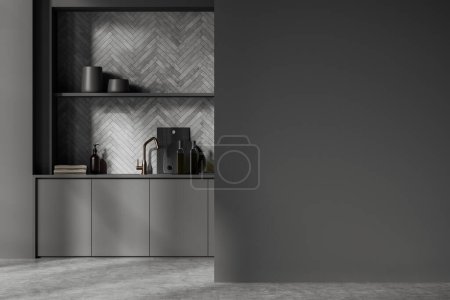 Photo for Dark kitchen interior with sink, stove and modern kitchenware with decor. Cooking area with grey shelves. Mockup copy space wall. 3D rendering - Royalty Free Image