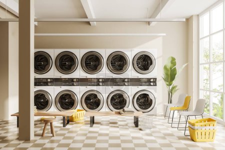 Photo for Beige laundry interior with row of white washing machines, waiting zone with bench and chairs on chess tile floor. Panoramic window on tropics. 3D rendering - Royalty Free Image