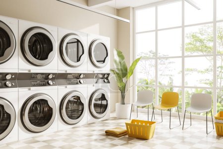 Photo for Beige laundry interior with white washing machines in row, side view waiting corner with chairs on chess tile floor. Panoramic window on tropics. 3D rendering - Royalty Free Image