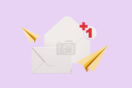 Photo for Flying paper airplanes with opened envelope and plus one notification,. Concept of correspondence and communication. 3D rendering - Royalty Free Image