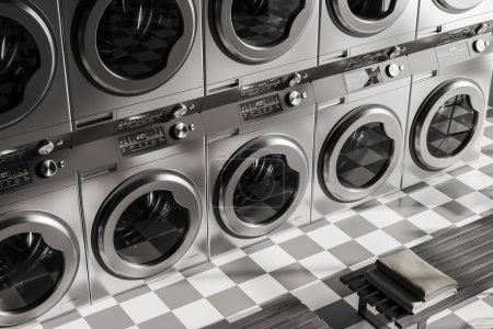Photo for Close up view on dark laundry room interior with ten washing machines, bench, tidy towels, concrete tile floor. Concept of place for washing clothes. 3d rendering - Royalty Free Image