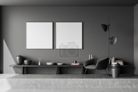 Téléchargez les photos : Front view on dark living room interior with two empty white posters, armchair, grey wall, coffee table, concrete floor, podium. Concept of minimalist design. Place for meeting. Mock up.3d rendering - en image libre de droit