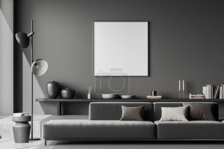 Téléchargez les photos : Front view on dark living room interior with empty white poster, sofa, grey wall, coffee table, concrete floor, podium. Concept of minimalist design. Place for meeting. Mock up. 3d rendering - en image libre de droit