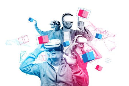 Photo for Teamwork in vr headset, man and woman working in metaverse wearing glasses. Colorful digital data blocks floating on white background. Concept of virtual reality - Royalty Free Image
