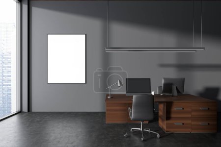 Photo for Dark coworking interior with pc computer on desk and armchairs. Office work corner with panoramic window on skyscrapers. Mockup canvas poster. 3D rendering - Royalty Free Image