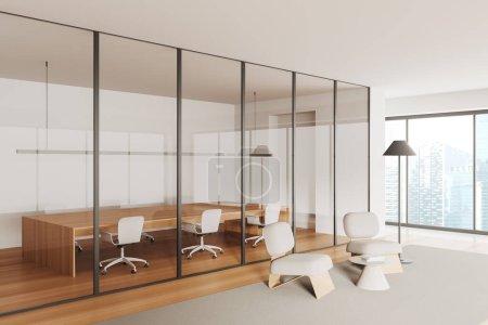 Téléchargez les photos : Beige business interior with conference board behind glass doors. Relaxing corner with two armchairs on carpet, side view hardwood floor. Panoramic window on skyscrapers. 3D rendering - en image libre de droit