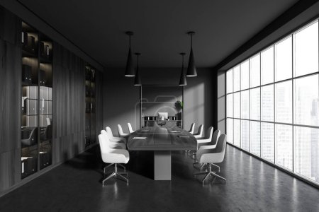Photo for Front view on dark office room interior with armchairs, conference board, panoramic window, concrete floor, lamp, arch, grey wall. Concept of company, firm, meeting space. 3d rendering - Royalty Free Image