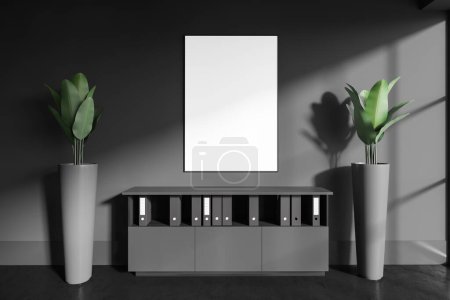 Photo for Dark office interior with sideboard and folders in row, front view plant decoration on grey concrete floor. Mock up canvas poster. 3D rendering - Royalty Free Image