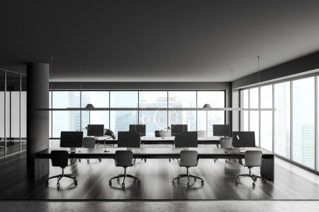 Photo for Dark business interior with armchairs and pc computer on desk, black hardwood floor. Coworking zone with panoramic window on Singapore city view. 3D rendering - Royalty Free Image