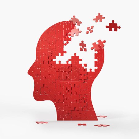 Photo for Red human head profile with jigsaw puzzle pieces falling, flying away on white background. Concept of brain disease and mental illness. 3D rendering - Royalty Free Image
