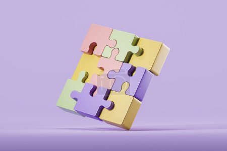 Photo for Colorful puzzles pieces connected in a full object on purple background. Concept of cooperation and teamwork. 3D rendering - Royalty Free Image