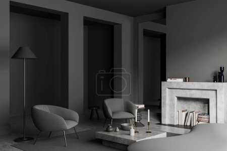 Téléchargez les photos : Dark living room interior with two armchairs and coffee table, side view. Minimalist art decoration and fireplace, carpet on grey concrete floor. 3D rendering - en image libre de droit