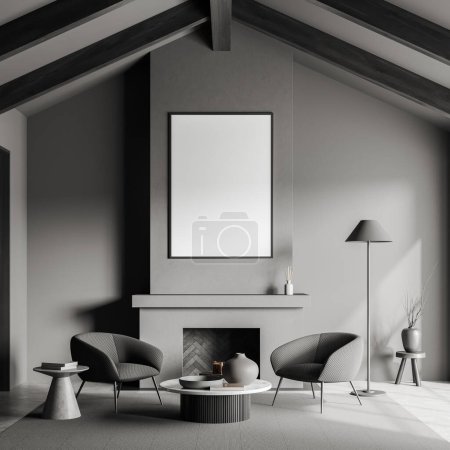 Foto de Dark living room interior with two armchairs, coffee table and fireplace with books and decoration on grey concrete floor. Mock up blank poster. 3D rendering - Imagen libre de derechos