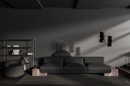Téléchargez les photos : Dark relaxing room interior with sofa and shelf with art decoration, armchair and carpet on brown hardwood floor. Mockup copy space empty wall. 3D rendering - en image libre de droit