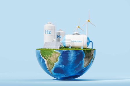 Téléchargez les photos : Hydrogen gas station, solar and wind power on half sphere of earth on light background. Concept of eco energy and save planet. 3D rendering - en image libre de droit