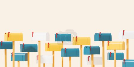 Téléchargez les photos : Row of many colorful mailboxes on empty copy space beige background. Concept of social media and online communication. 3D rendering - en image libre de droit