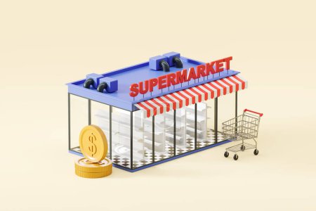 Photo for Cartoon supermarket with shopping cart and gold dollar coins, beige background. Concept of shelving and products. 3D rendering - Royalty Free Image