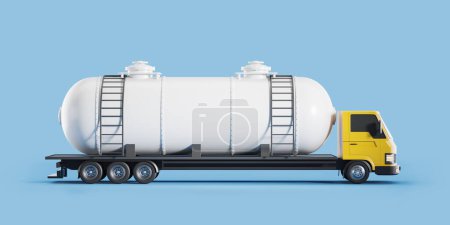 Foto de Delivery truck with white mock up copy space gas tank on blue background. Concept of fuel shipping. 3D rendering - Imagen libre de derechos