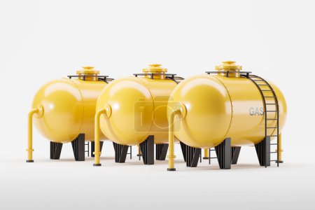 Téléchargez les photos : Three yellow gas tanks in row on white background, side view. Concept of fuel storage and LNG. 3D rendering - en image libre de droit