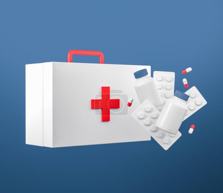 Téléchargez les photos : Closed first aid case with pills and bottle floating on blue background. Concept of health and emergency assistance. 3D rendering - en image libre de droit