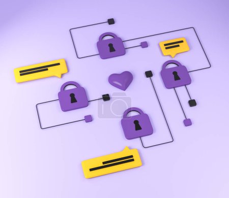 Téléchargez les photos : Purple lock circuit and message with heart, social media and data protection on purple background. Concept of data and memory. 3D rendering - en image libre de droit