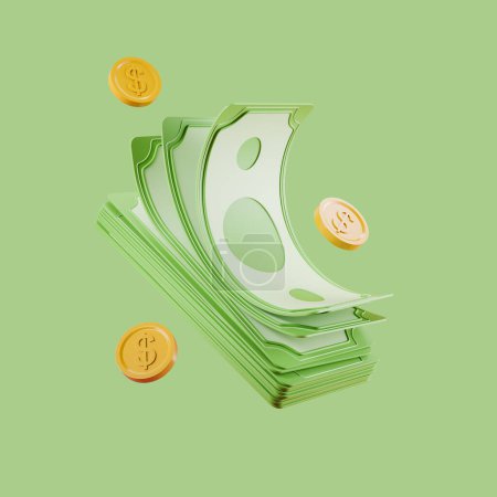 Gold coins falling and dollar banknotes on light green background. Concept of money, payment and investment. 3D rendering