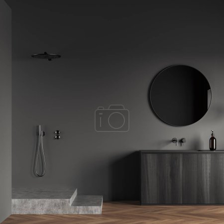 Photo for Front view on dark bathroom interior with shower, round mirror, grey walls, carpet, oak wooden hardwood floor. 3d rendering - Royalty Free Image