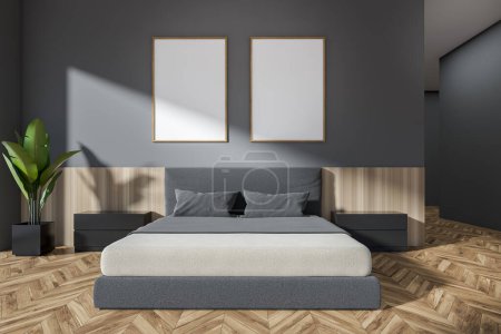 Photo for Front view on dark bedroom interior with two empty white posters, bed, bedside, houseplant and oak wooden hardwood floor. Concept of minimalist design. Space for creative idea. Mock up. 3d rendering - Royalty Free Image