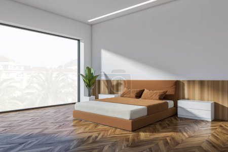 Téléchargez les photos : Corner view on bright bedroom interior with empty white wall, bed, bedside, panoramic window, houseplant and oak wooden floor. Concept of minimalist design. Space for creative idea. 3d rendering - en image libre de droit