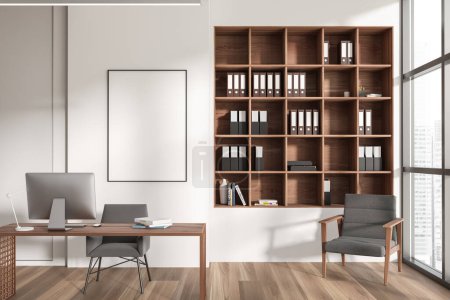 Photo for Close up view on bright office interior with empty white poster, panoramic windows, desk with computer, shelf, armchair and hardwood floor. Concept of place for working process. Mock up. 3d rendering - Royalty Free Image