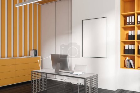 Photo for Manager interior with pc computer on desk, armchair on black hardwood floor. Cabinet with decoration, side view. Mock up poster on white wall, 3D rendering - Royalty Free Image