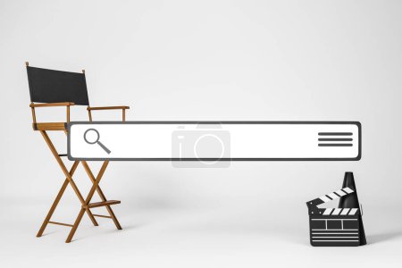 Téléchargez les photos : Search bar with film searching, director's chair and tools on light background. Concept of cinema and serial. Mockup copy space, 3D rendering - en image libre de droit