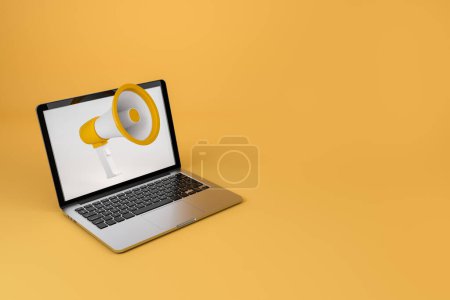 Téléchargez les photos : Laptop mockup screen and loudspeaker, yellow background. Concept of sale and news. Mockup copy space and blank display. 3D rendering - en image libre de droit