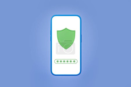 Photo for Phone blank display with green shield. Concept of financial and personal information protection. Concept of safety. Mockup blank screen. 3D rendering - Royalty Free Image