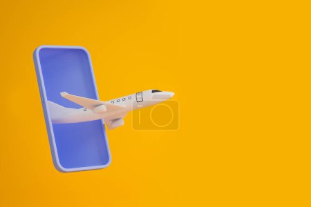 Foto de Phone and white airplane flying on yellow background. Mobile app and online ticket booking. Concept of tourism and traveling. 3D rendering - Imagen libre de derechos