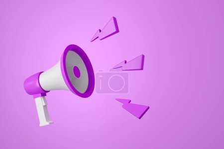 Foto de Loudspeaker with sound on purple background, megaphone announcement and social media. Concept of breaking news. 3D rendering - Imagen libre de derechos