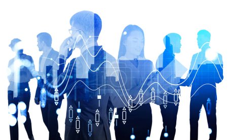 Foto de Business people silhouettes working together, talk and call on the phone. Double exposure of stock market chart with candlesticks and lines. Concept of teamwork - Imagen libre de derechos