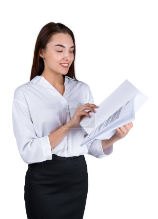 Foto de Businesswoman reading business papers in hand, smiling secretary studying financial report. Isolated over white background. Concept of management - Imagen libre de derechos