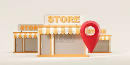 Foto de Small business store and red location pin, light background. Concept of favorite place and shopping. Delivery of orders. 3D rendering - Imagen libre de derechos