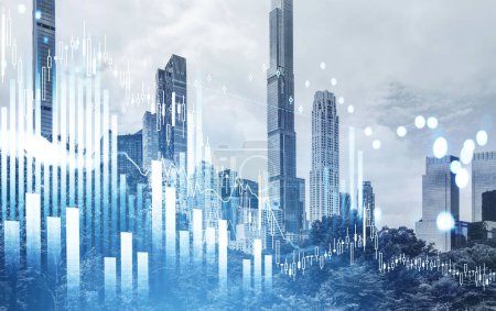 Téléchargez les photos : Stock market changes, forex business diagram with bar chart and candlestick. Double exposure with skyscrapers in New York, financial hologram and city panoramic view. - en image libre de droit