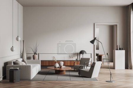 Téléchargez les photos : Light living room interior with sofa and two armchairs, drawer with art decoration, coffee table and carpet on hardwood floor. Mockup copy space, 3D rendering - en image libre de droit